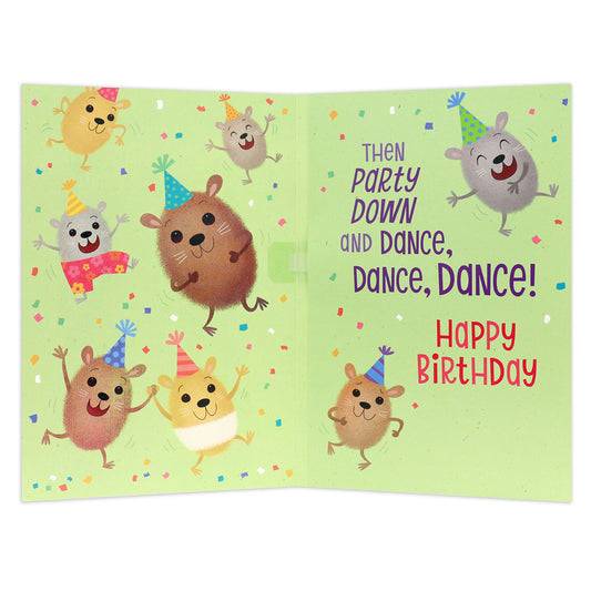 Hallmark Interactive Sound Card - Dancing Hamsters showing colourful hamsters celebrating with party hats and confetti inside a birthday card.