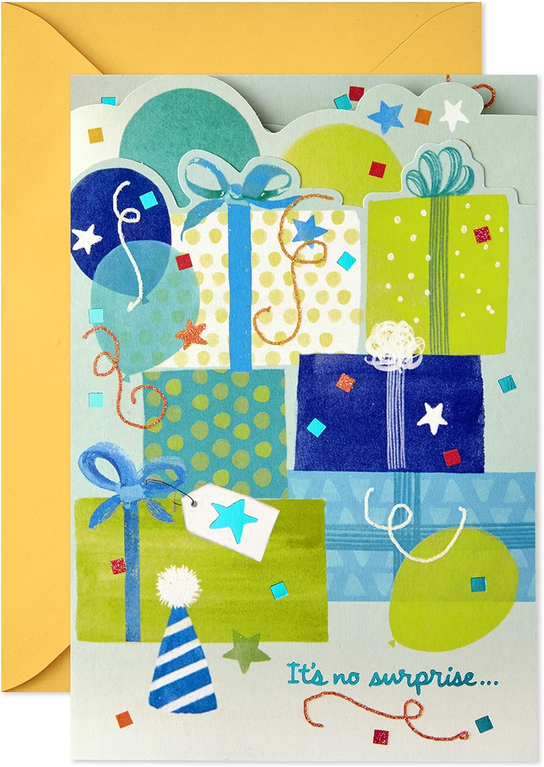 Hallmark Paper Wonder Pop Up Birthday Card (Someone to Celebrate) with colourful wrapped presents and colourful balloons on the cover.
