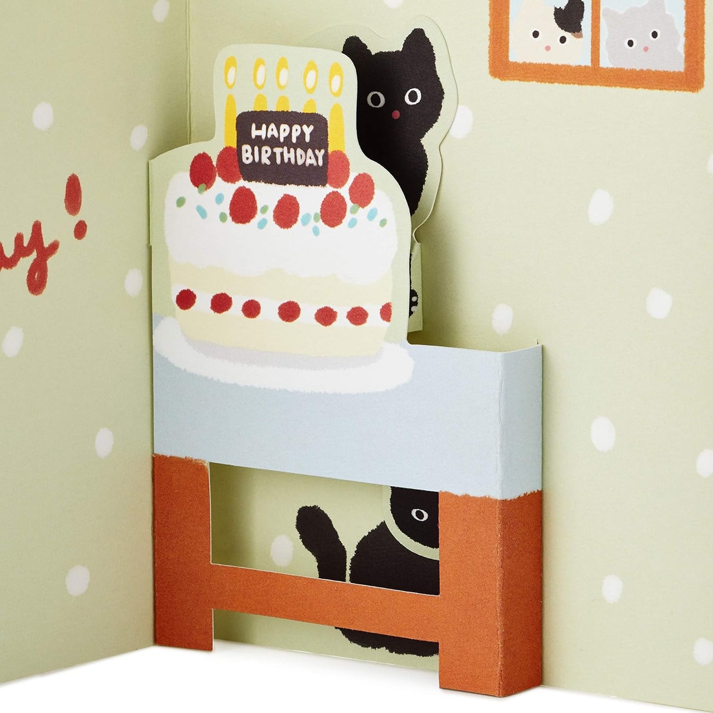 Hallmark Pop Up Birthday Card (Cat and Friend with Birthday Cake) featuring a pop-up birthday cake and black cat on a pastel background.