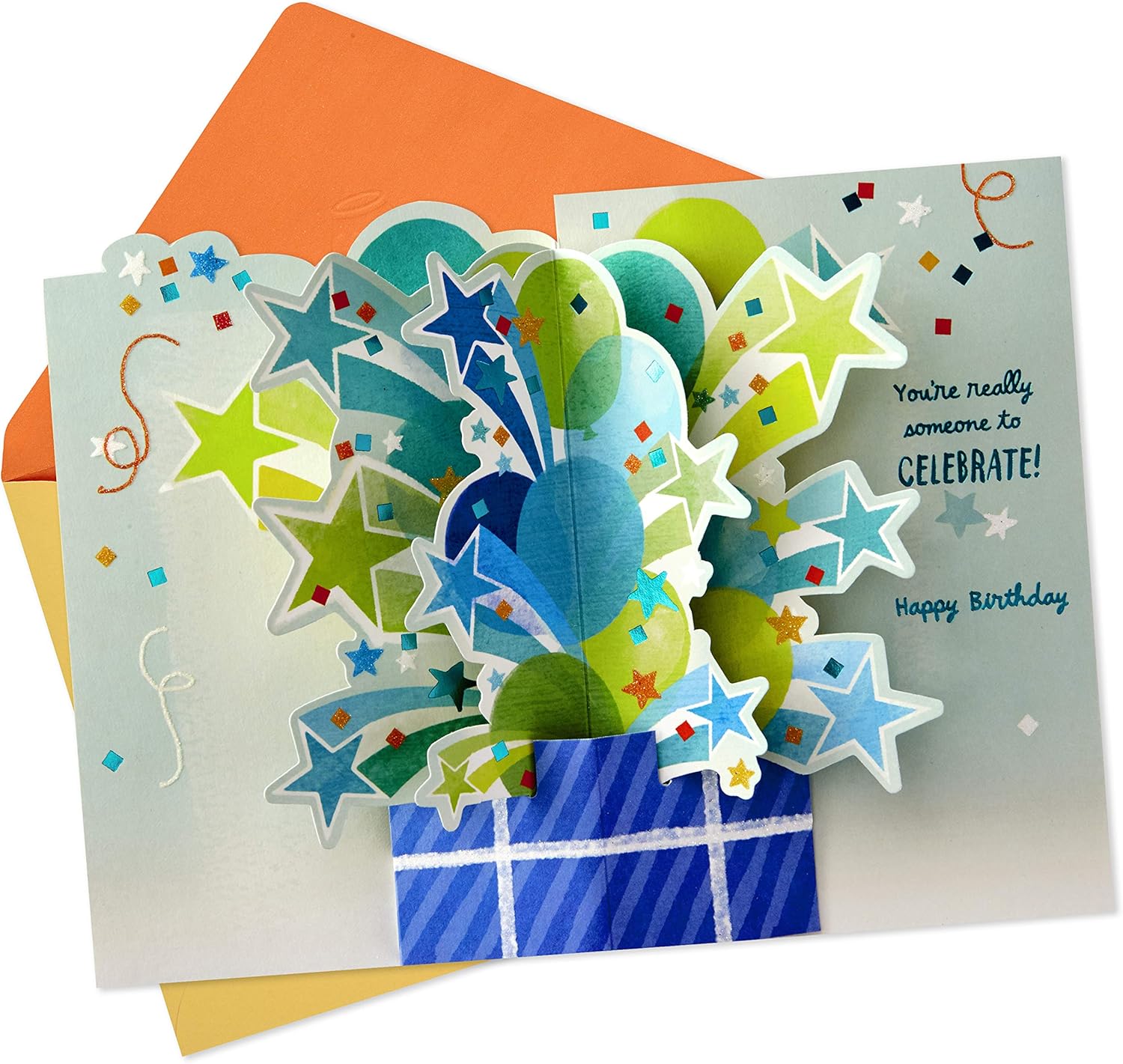 Hallmark Paper Wonder Pop Up Birthday Card (Someone to Celebrate) featuring a vibrant 3D design with balloons and stars.