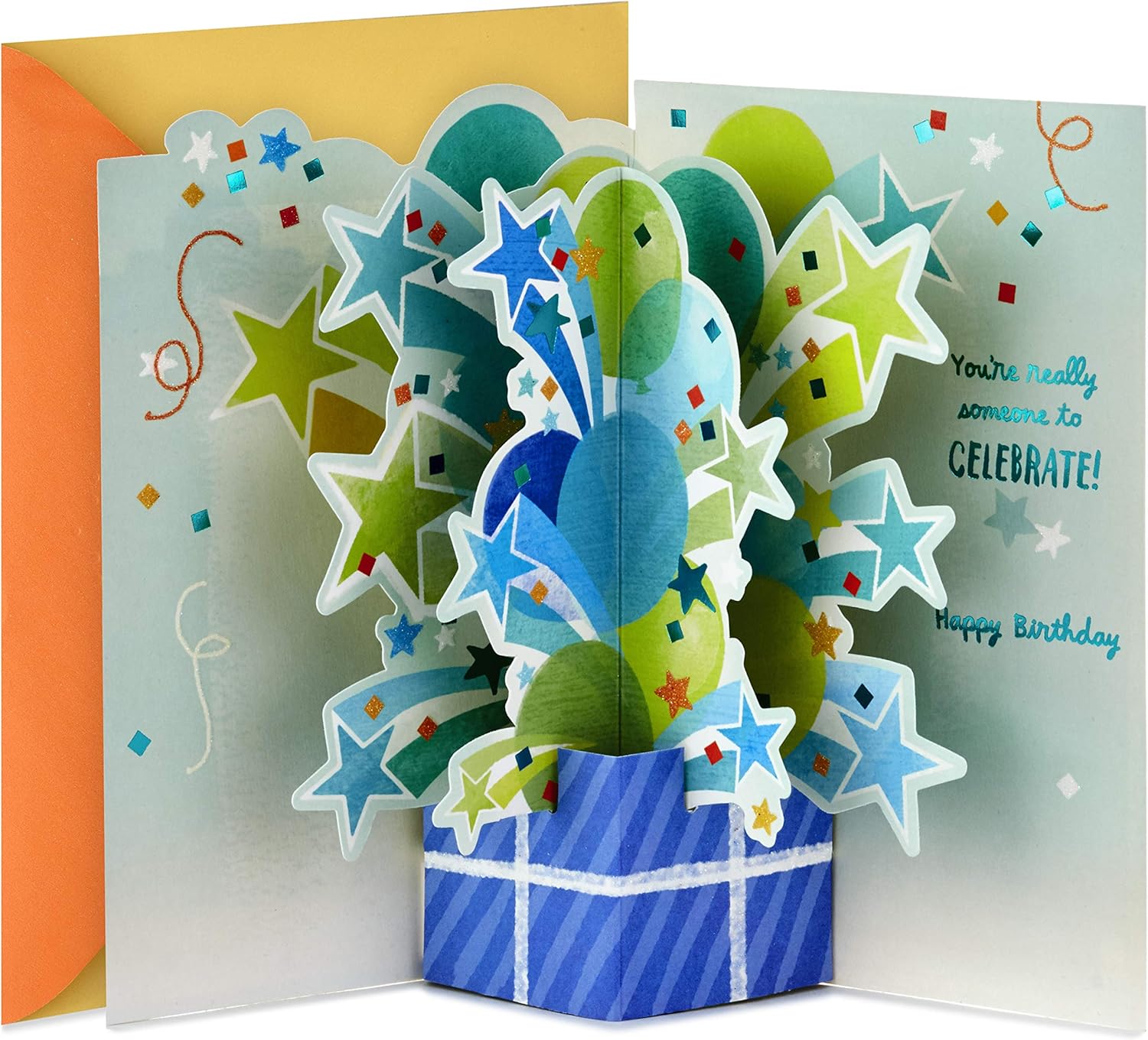 Hallmark Paper Wonder Pop Up Birthday Card (Someone to Celebrate) featuring colourful 3D balloons and stars in a surprise exploding box design.