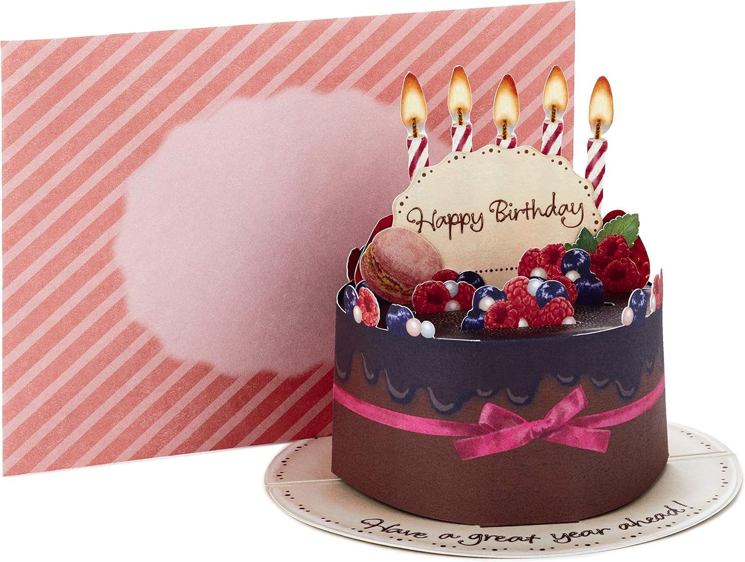 Hallmark Pop Up Birthday Card (Chocolate Cake) with 3D cake detail, decorated with berries and candles, folded flat in background.