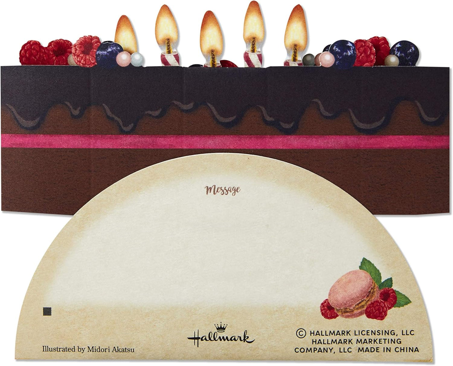 Hallmark Pop Up Birthday Card (Chocolate Cake) featuring a 3D chocolate cake design with candles, flat view displaying message area.