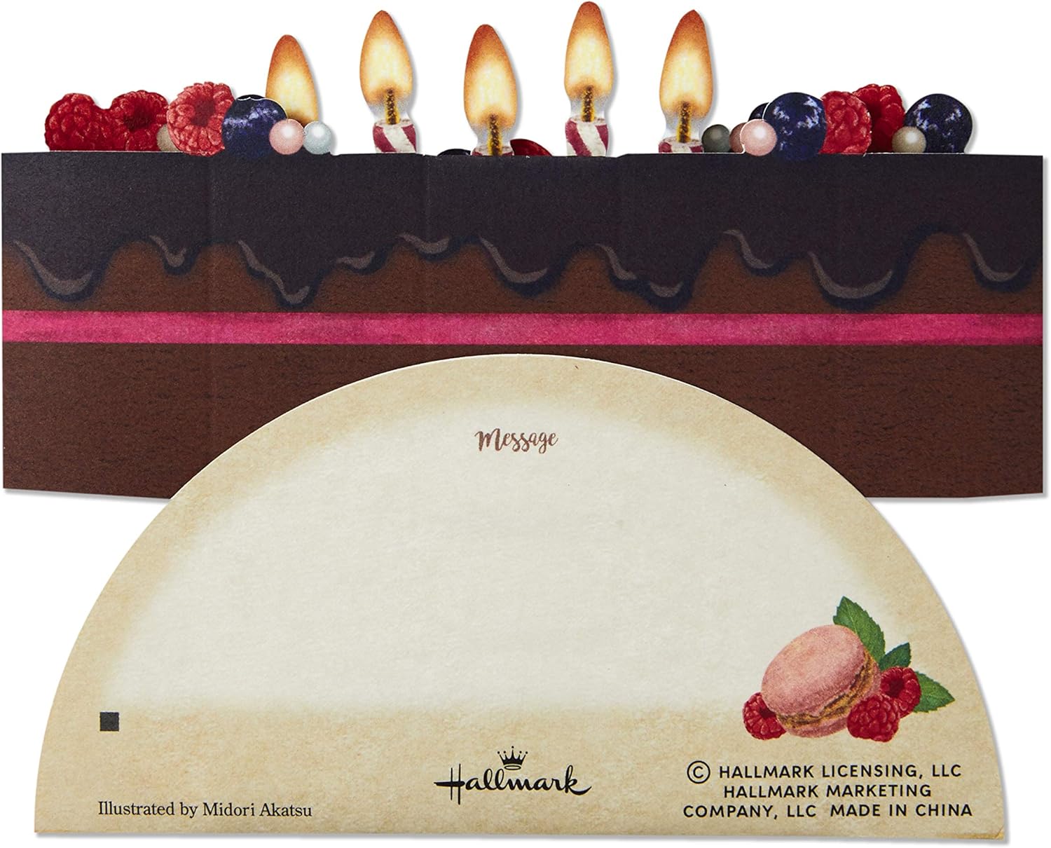 Hallmark Pop Up Birthday Card (Chocolate Cake) featuring a 3D chocolate cake design with candles, flat view displaying message area.