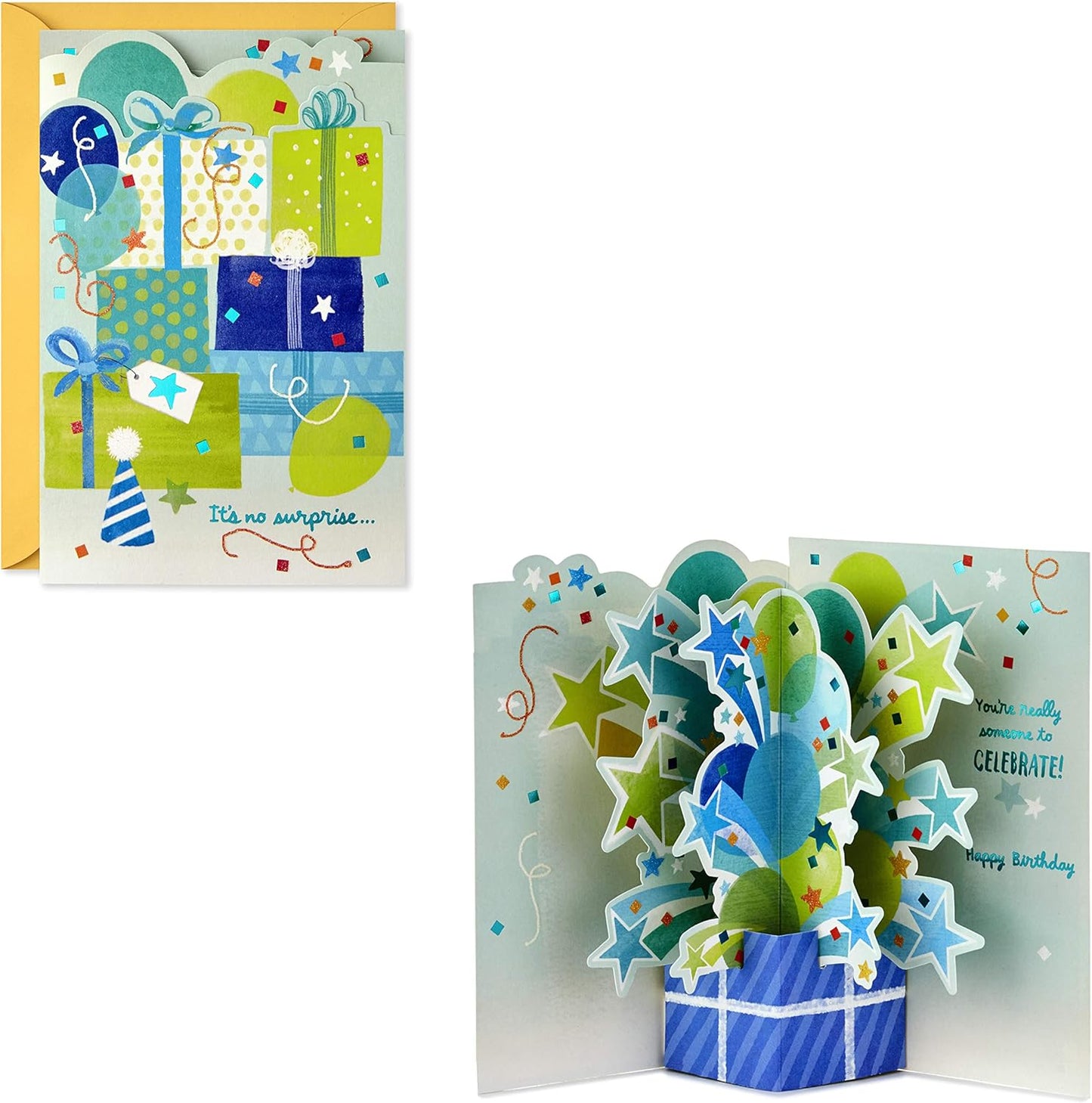 Hallmark Paper Wonder Pop Up Birthday Card (Someone to Celebrate) featuring a die-cut cover with balloons and gifts, open view reveals 3D pop-up design.