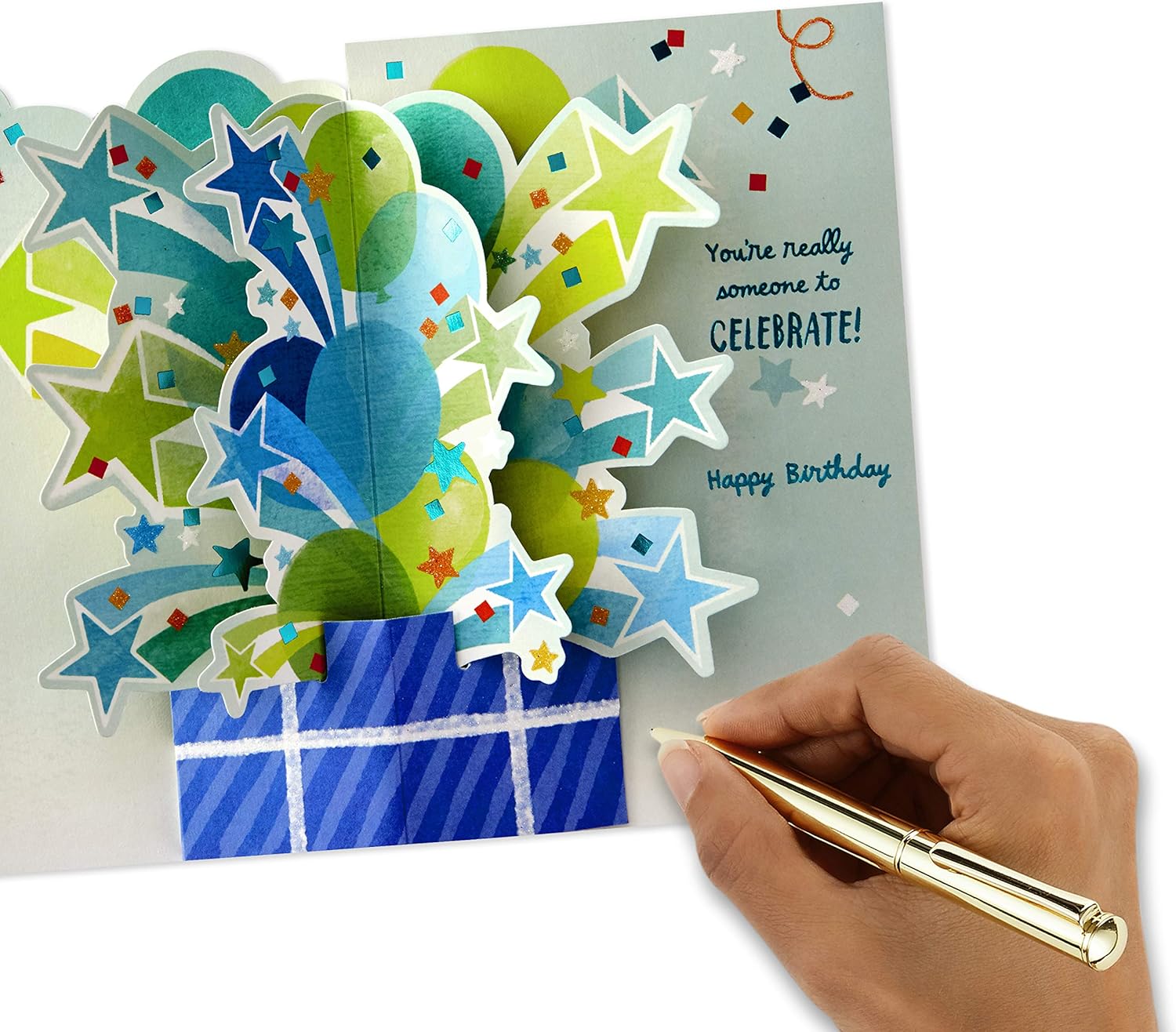 Hallmark Paper Wonder Pop Up Birthday Card (Someone to Celebrate) with 3D balloons and stars, hand writing inside.