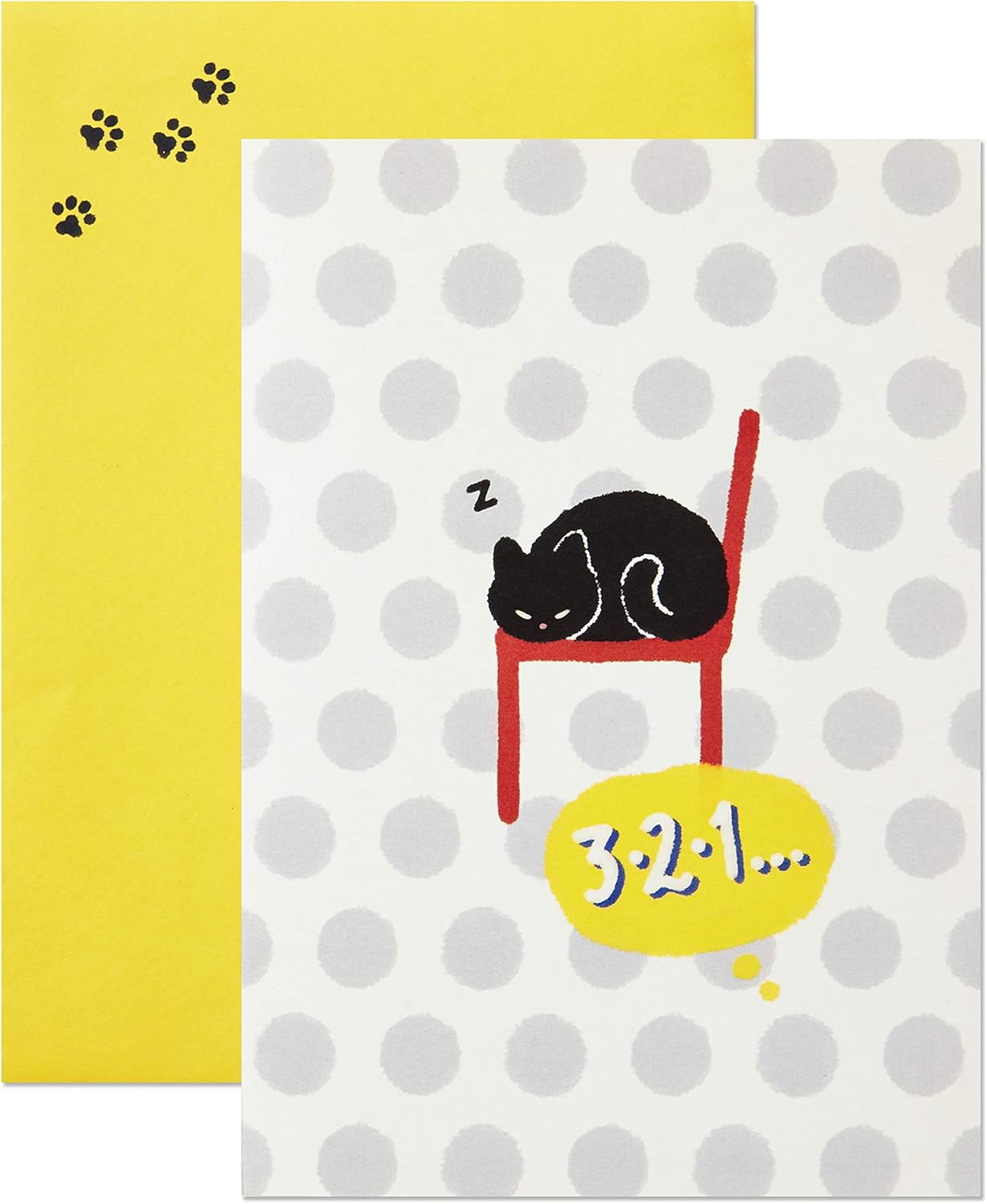 Hallmark Pop Up Birthday Card (Surprised Cat) featuring a sleeping cat on a polka dot background and yellow envelope with paw prints.