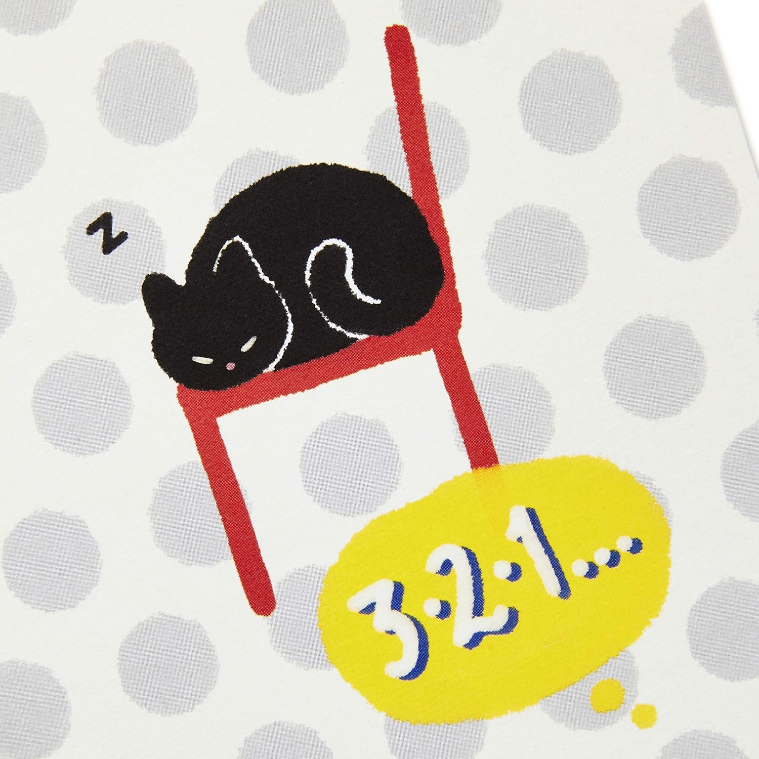 Hallmark Pop Up Birthday Card (Surprised Cat) close up of sleeping cat illustration on a polka dot background with playful text.