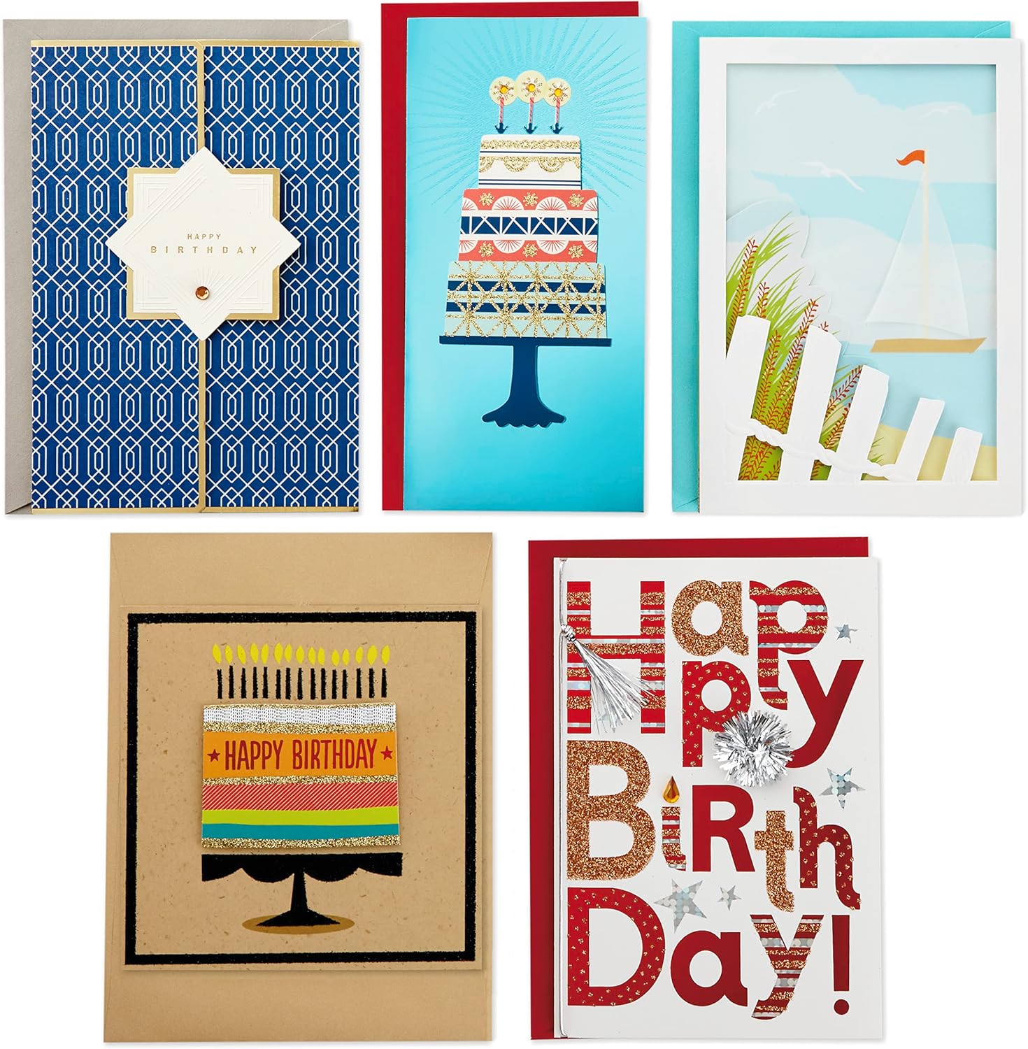 Hallmark All Occasion Handmade Boxed Set of Assorted Greeting Cards with Card Organizer (Pack of 24) Birthday, Baby, Wedding, Sympathy, Thinking of You, Thank You, Blank, Polka Dot Box with a variety of colourful birthday card designs displayed in a flat lay arrangement.