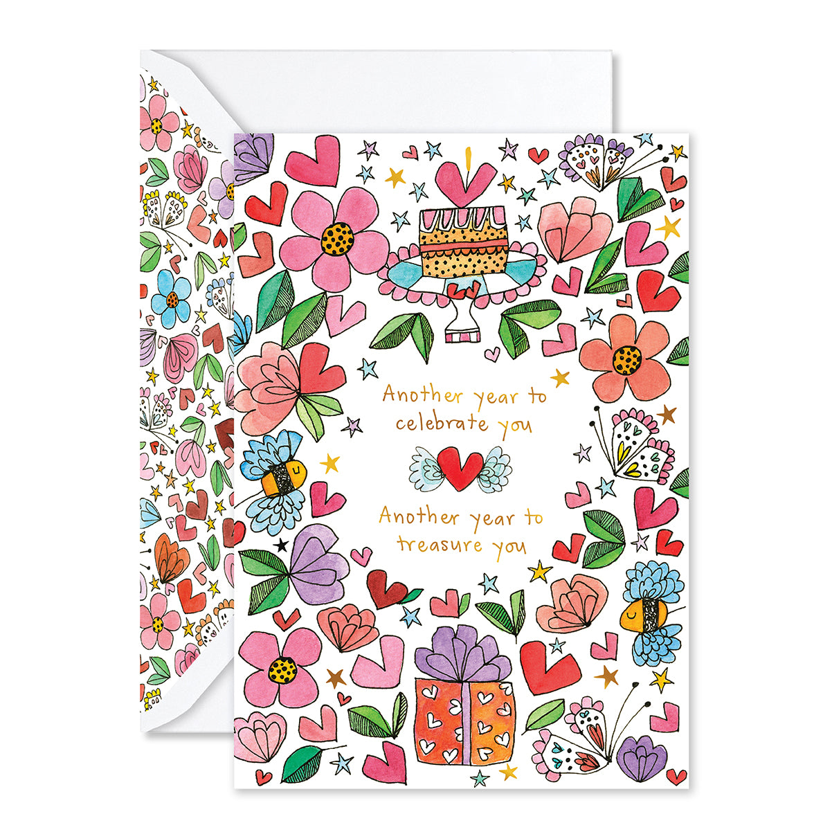 Colorful birthday card with flowers, hearts, and a cake illustration on a white background.