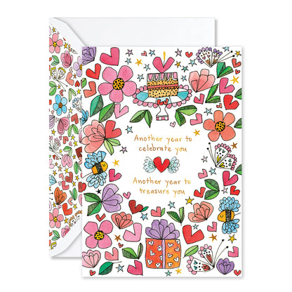 Colorful birthday card with flowers, hearts, and a cake illustration on a white background.