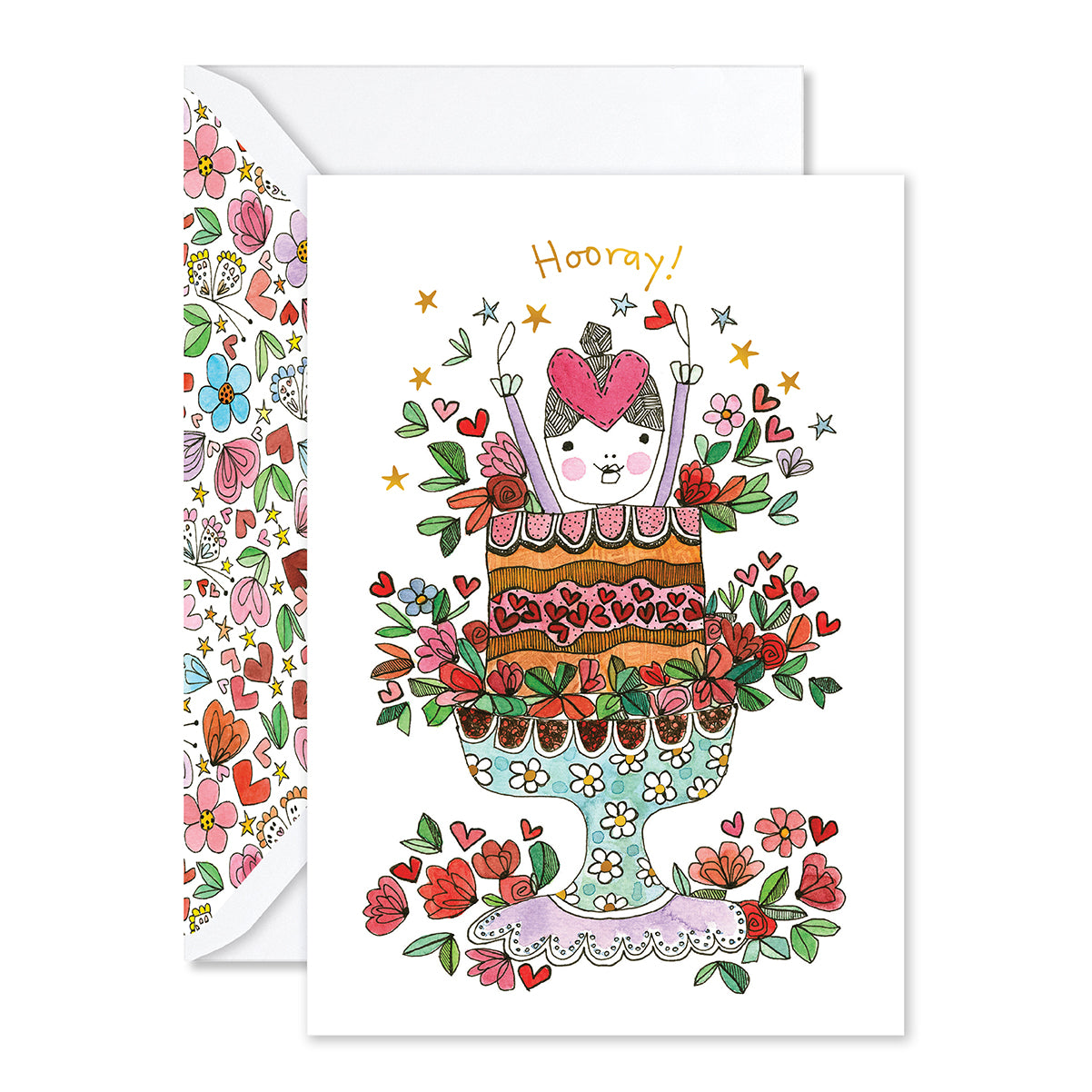 Hallmark x Love, Meredith Birthday Greeting Card - Hooray! featuring a girl jumping out of a cake with floral details and gold foil accents.