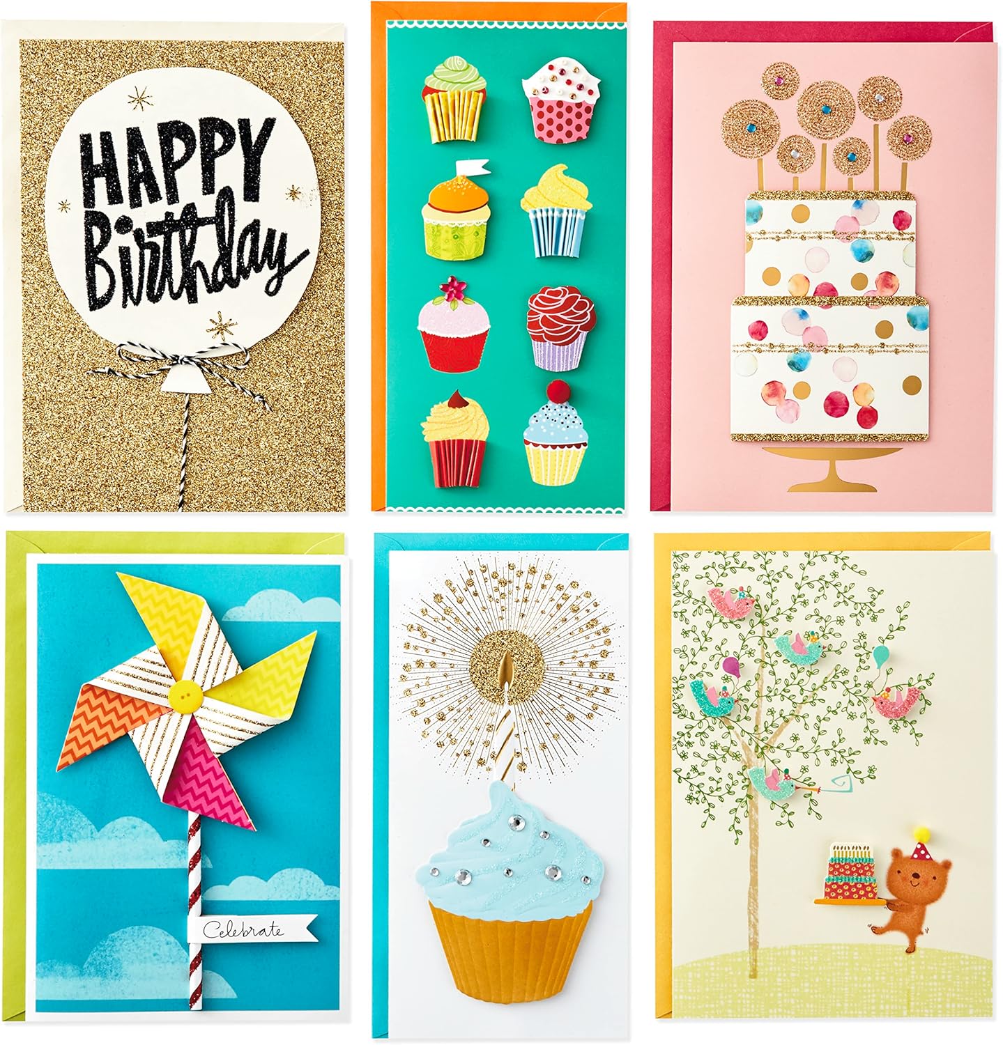 Hallmark All Occasion Handmade Boxed Set of Assorted Greeting Cards with Card Organizer (Pack of 24) Birthday, Baby, Wedding, Sympathy, Thinking of You, Thank You, Blank, Polka Dot Box showcasing six uniquely designed greeting cards featuring vibrant colours and embellishments.