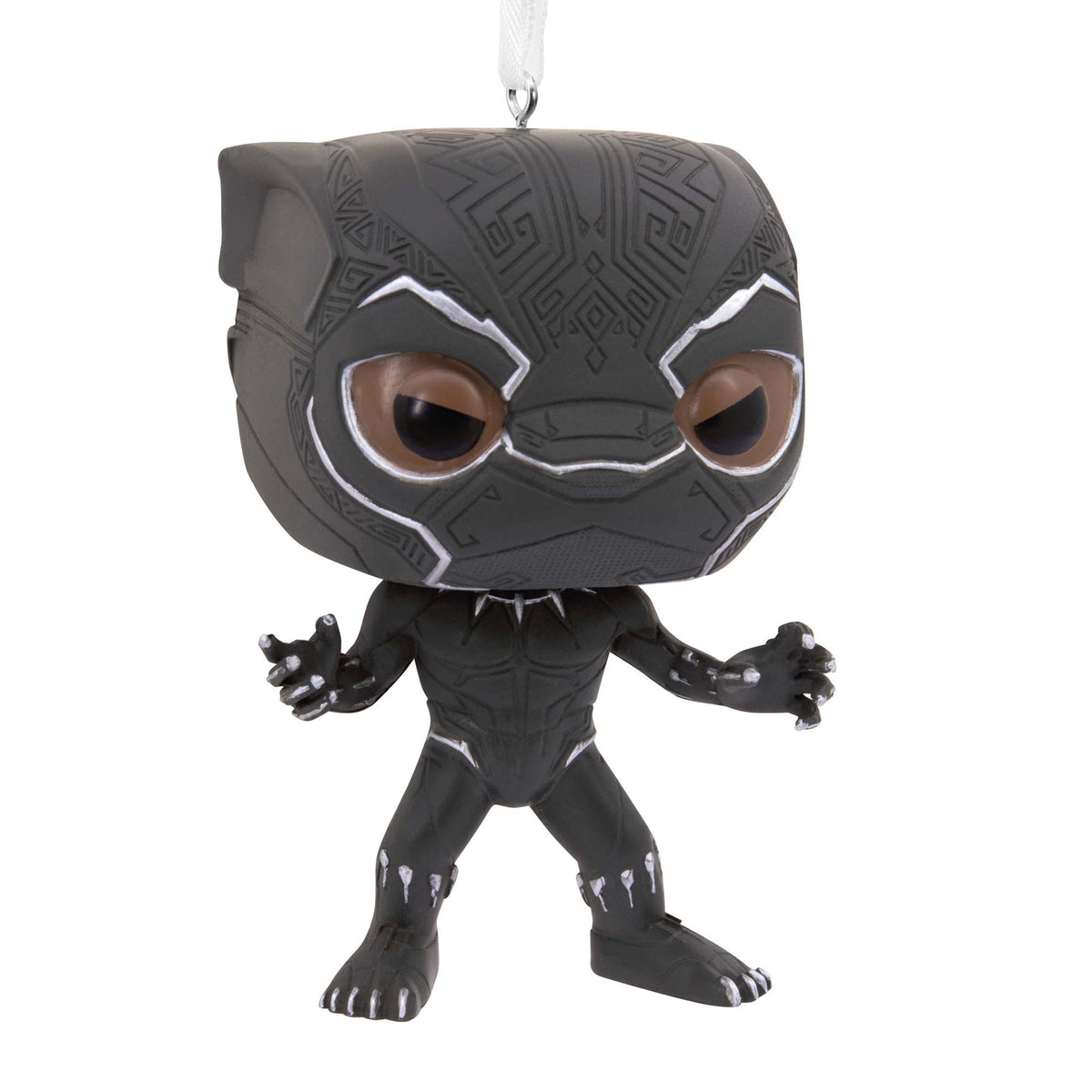 Hallmark Christmas Ornament (Marvel Black Panther Funko POP!) in black, detailed styling, hanging from a ribbon.