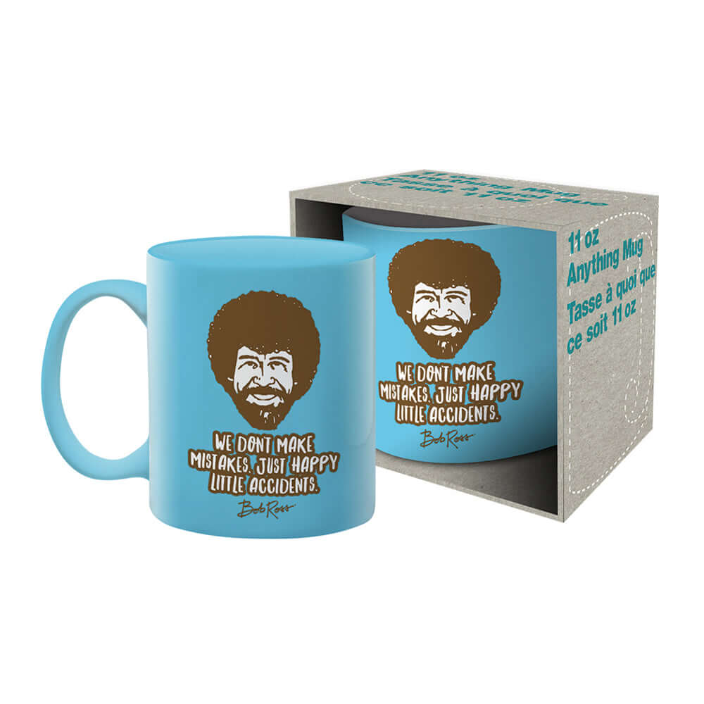 Bob Ross - Accidents Ceramic Mug in blue, featuring humorous text and boxed packaging, 11 oz capacity.