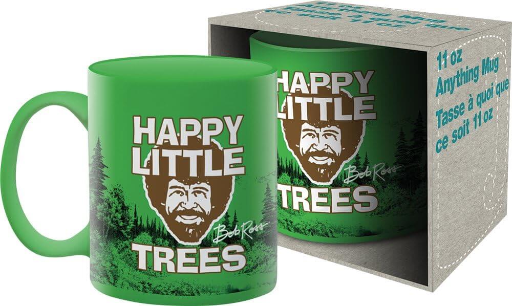 Bob Ross - Happy Little Trees ceramic mug in vibrant green with artistic design and packaging, 310ml capacity.