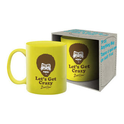 Bob Ross - Let's Get Crazy Ceramic Mug in bright yellow with packaging and cartoon design.