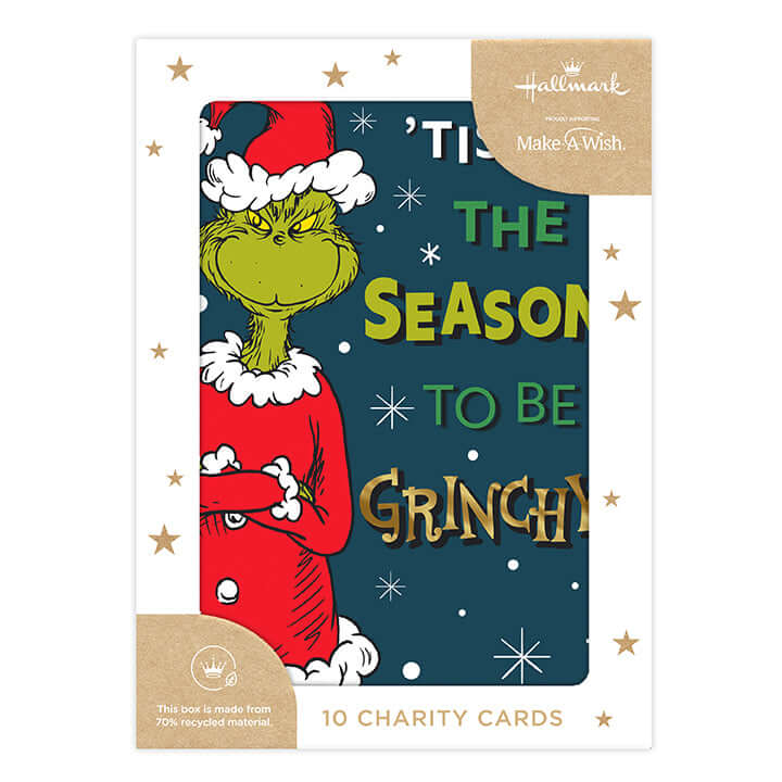 Hallmark Boxed Christmas Cards 10 Pack - The Grinch featuring a whimsical illustration of The Grinch with gold foil text details.