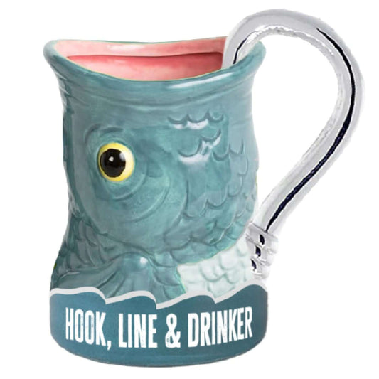 Boxer gifts - Hook, Line & Drinker fish mug (18oz) with fish design and shiny silver handle, angled view.