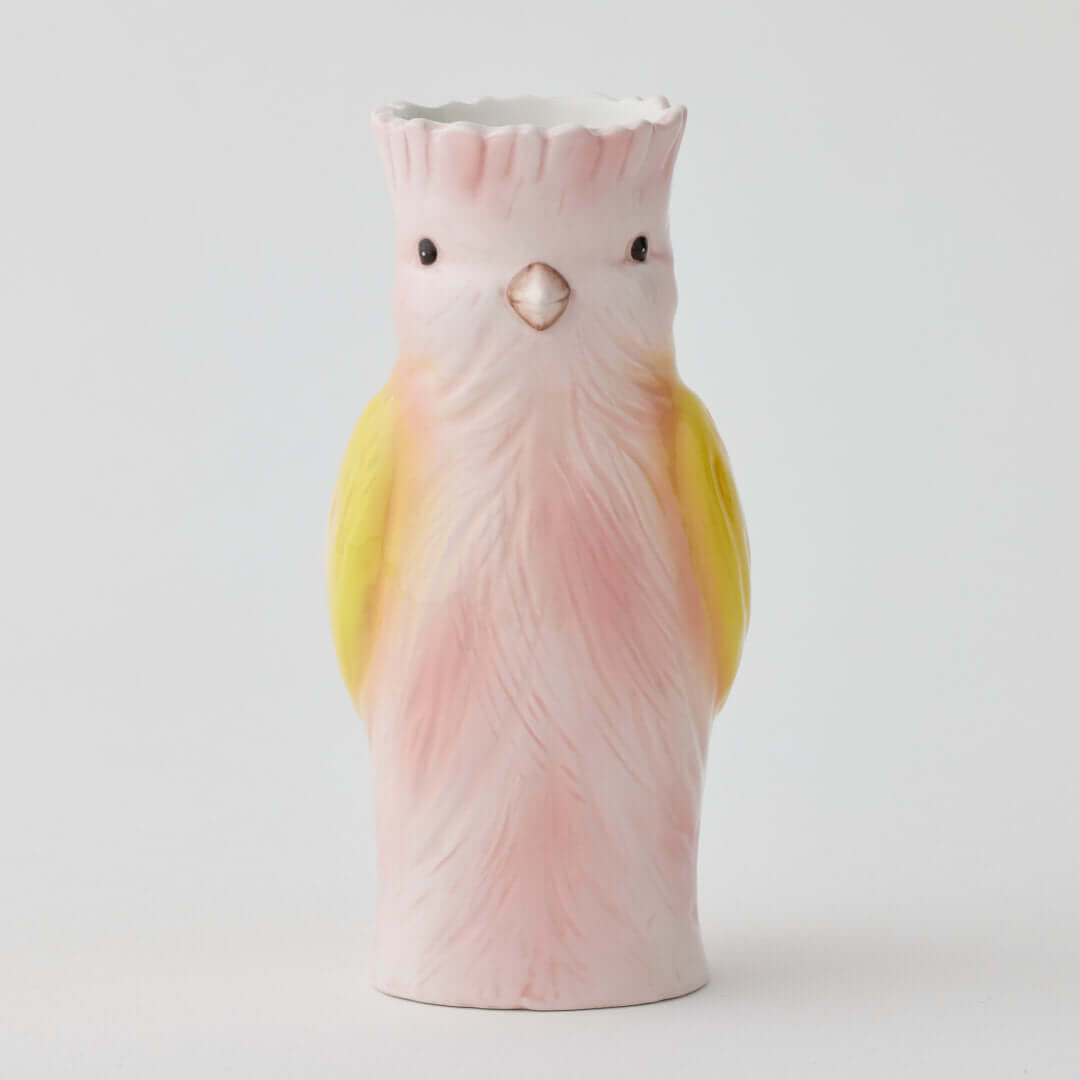 Bridie Vase - Pink, ceramic vase in whimsical bird shape, with pink and yellow colouring, ideal for floral arrangements.