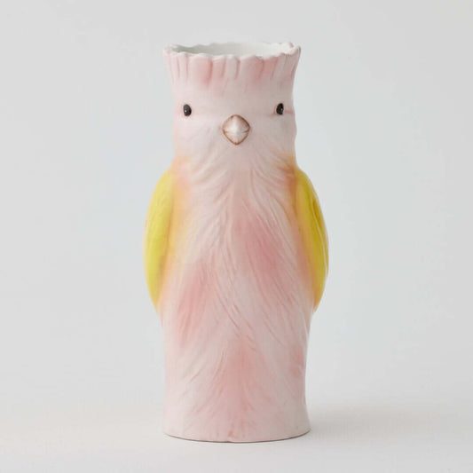 Bridie Vase - Pink, ceramic vase in whimsical bird shape, with pink and yellow colouring, ideal for floral arrangements.