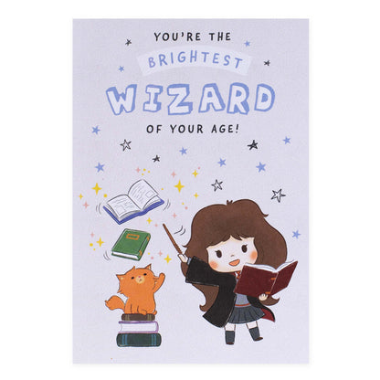 Hallmark Harry Potter™ Brightest Wizard Birthday Card featuring an illustration of a young wizard with a cat, vibrant colours and playful stars.