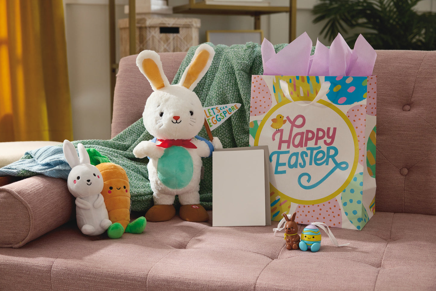 Bunny and Carrot Magnetic Plush – Better Together set beside a vibrant Easter gift bag, showcasing plush details and festive colours.