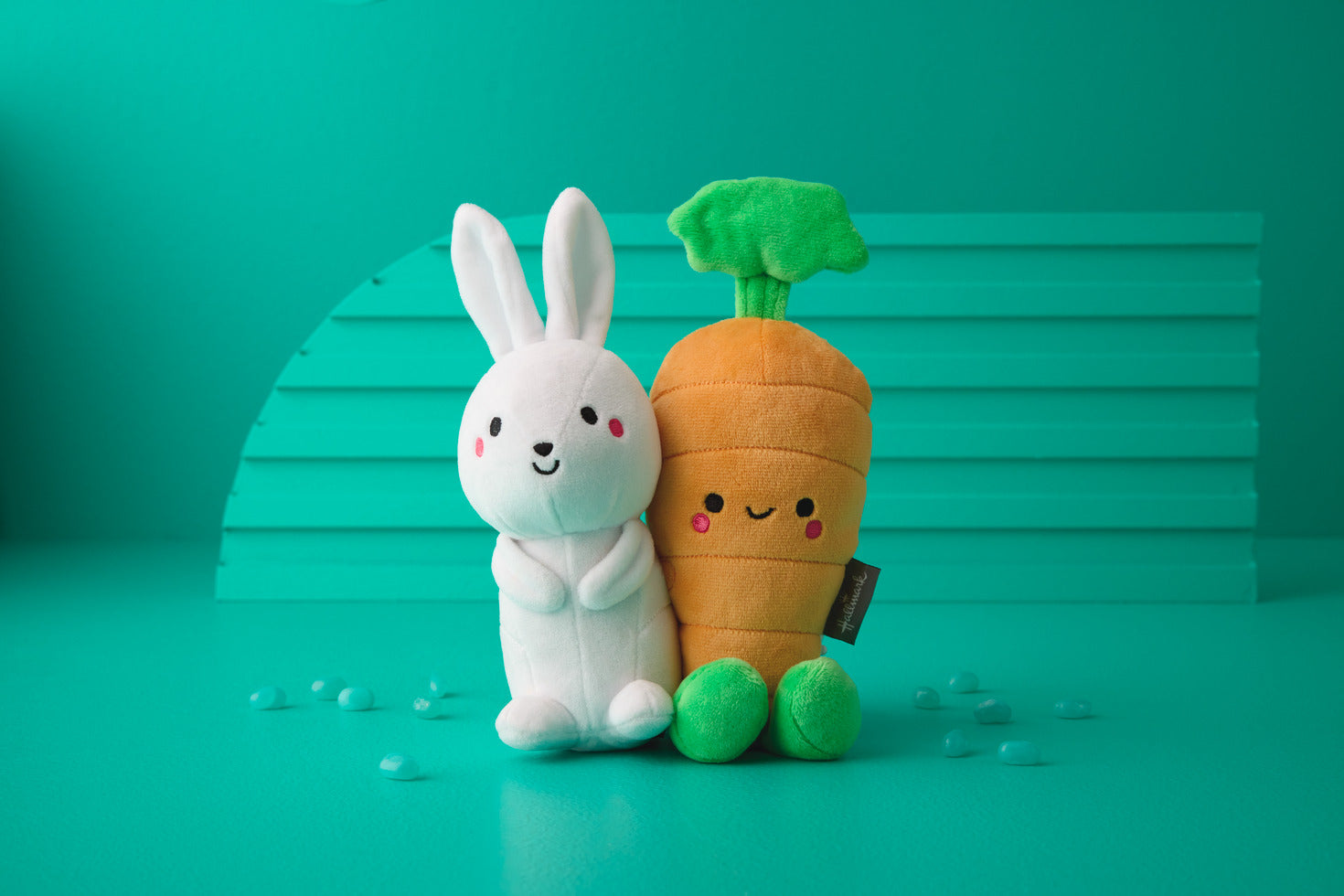 Bunny and Carrot Magnetic Plush – Better Together, soft plush toys, bright colours, smiling faces, angled view