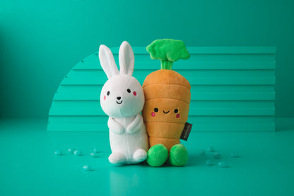 Bunny and Carrot Magnetic Plush – Better Together, soft plush toys, bright colours, smiling faces, angled view