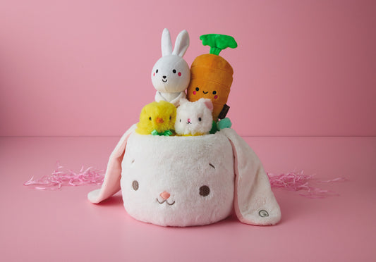 Bunny and Carrot Magnetic Plush – Better Together featuring plush bunny, carrot, chicks in a soft storage container on a pink background.