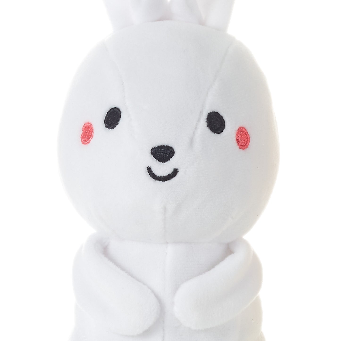 Bunny and Carrot Magnetic Plush – Better Together, white plush bunny with embroidered features, close up view.