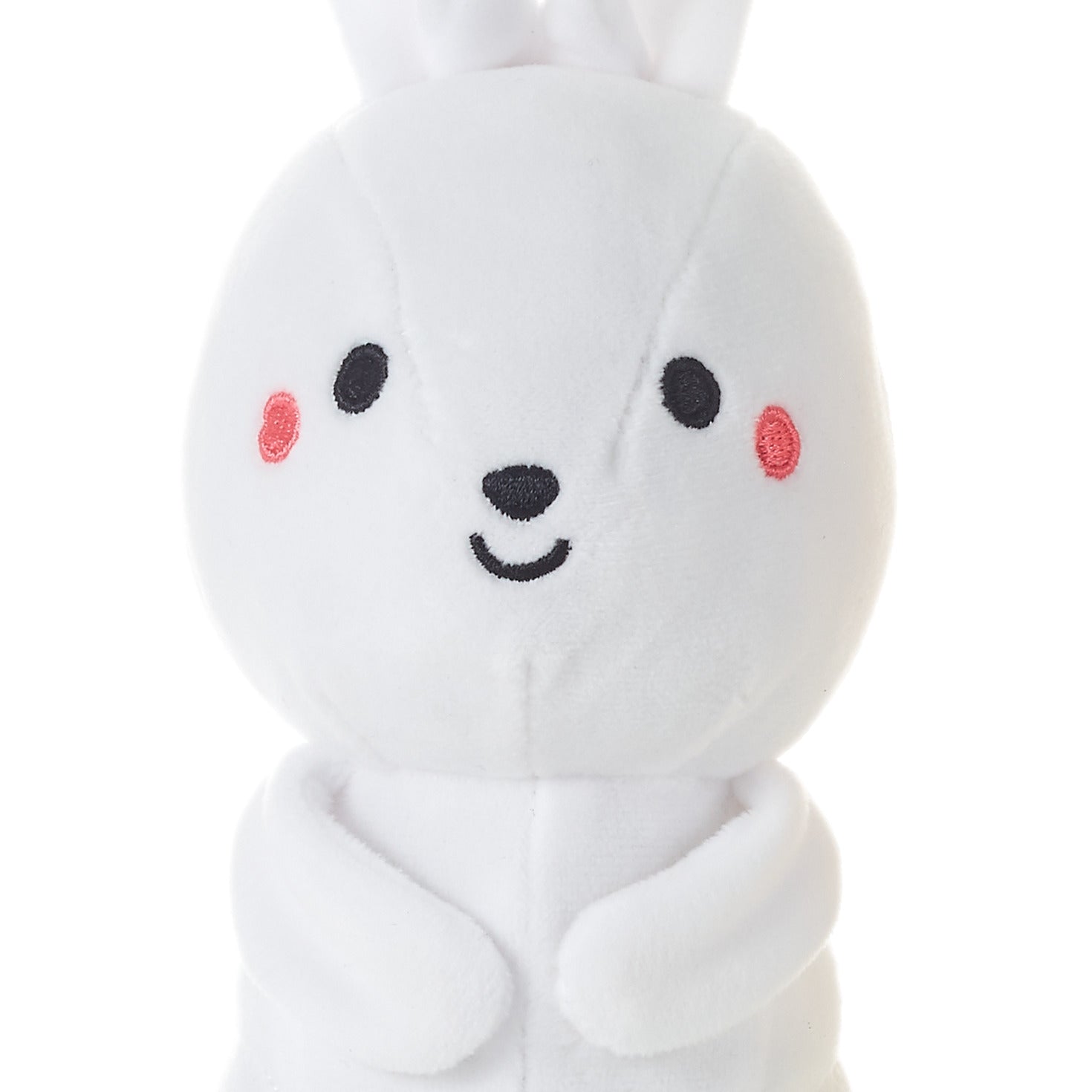 Bunny and Carrot Magnetic Plush – Better Together, white plush bunny with embroidered features, close up view.