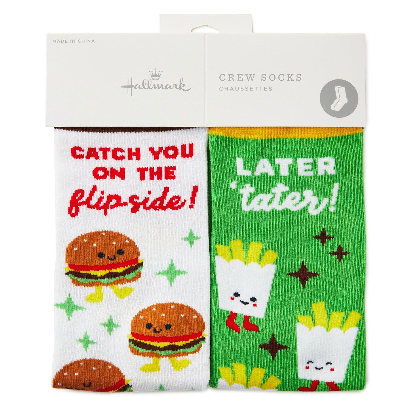 Burger and Fries Funny Crew Socks - Better Together in a flat lay view, featuring playful messages and colorful designs.