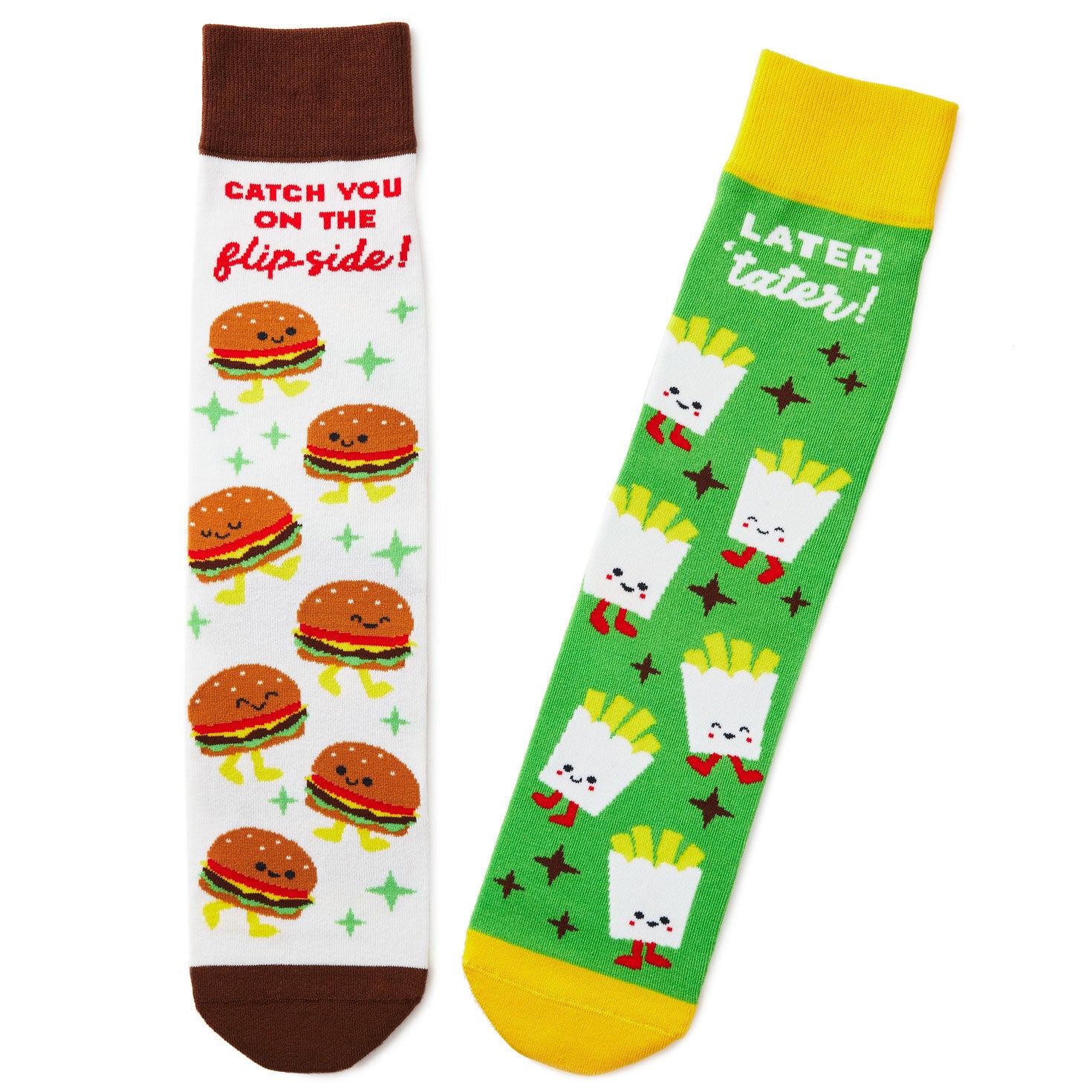 Burger and Fries Funny Crew Socks - Better Together in a fun design with punny messages, showing vibrant burger and fries patterns.