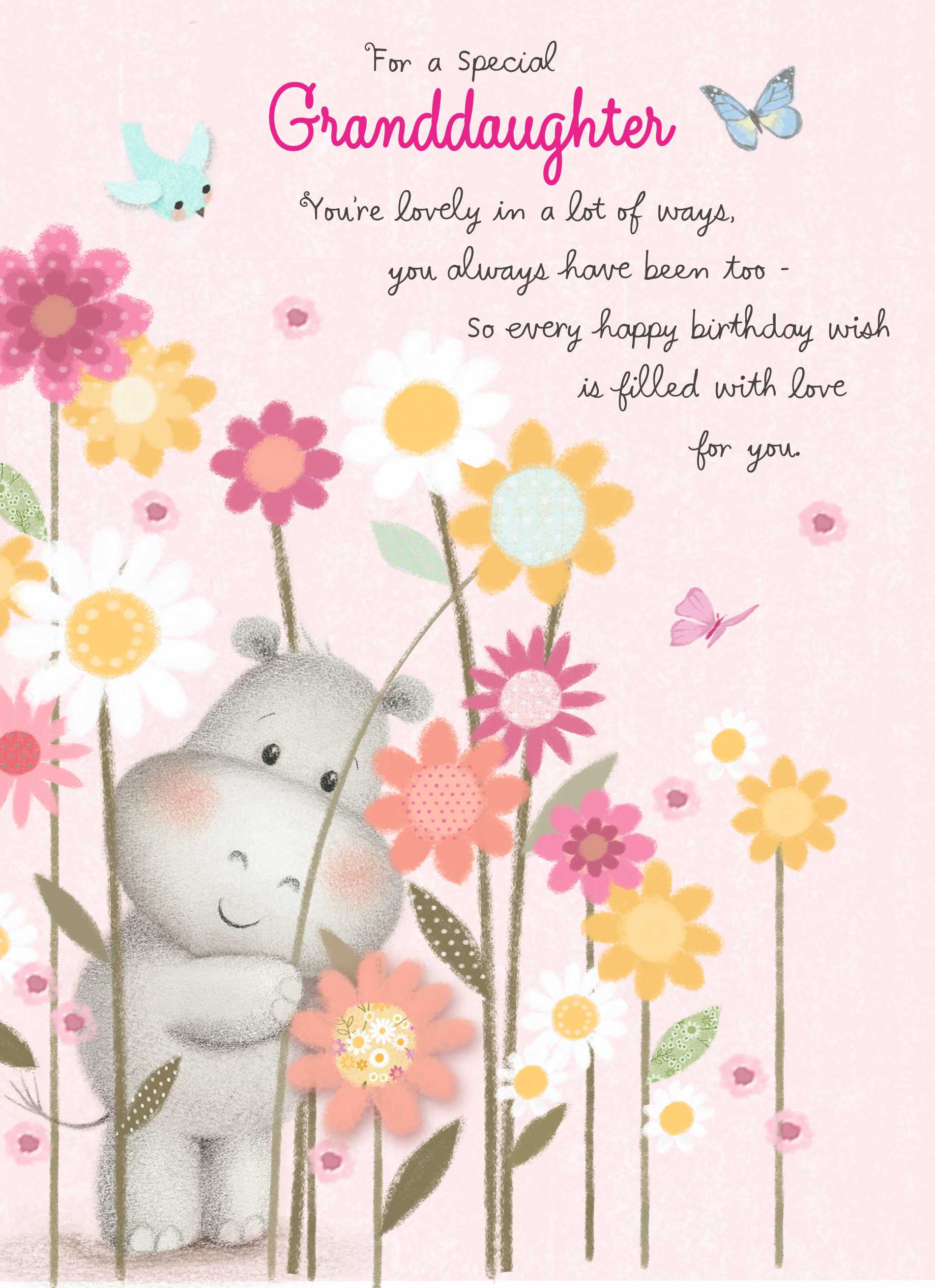 Cute Birthday Granddaughter Editable Hippo Flowers