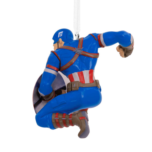 Hallmark Christmas Ornament (Marvel Avengers Captain America) featuring vibrant colours and detailed action pose from the back view.