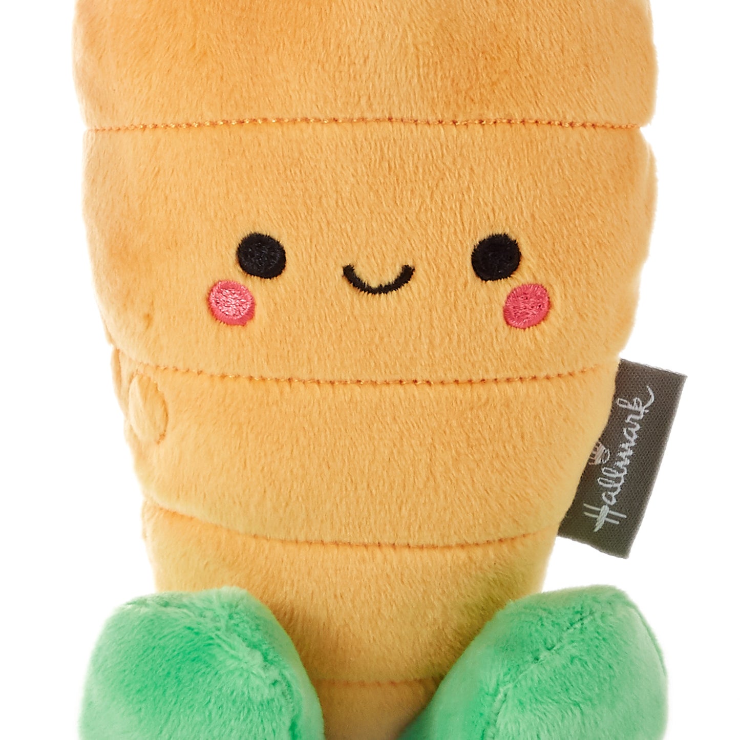Bunny and Carrot Magnetic Plush – Better Together carrot plush toy featuring a smiling face and green leaves, close up view.