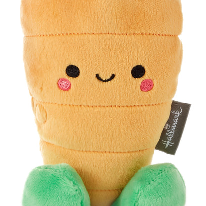 Bunny and Carrot Magnetic Plush – Better Together carrot plush toy featuring a smiling face and green leaves, close up view.