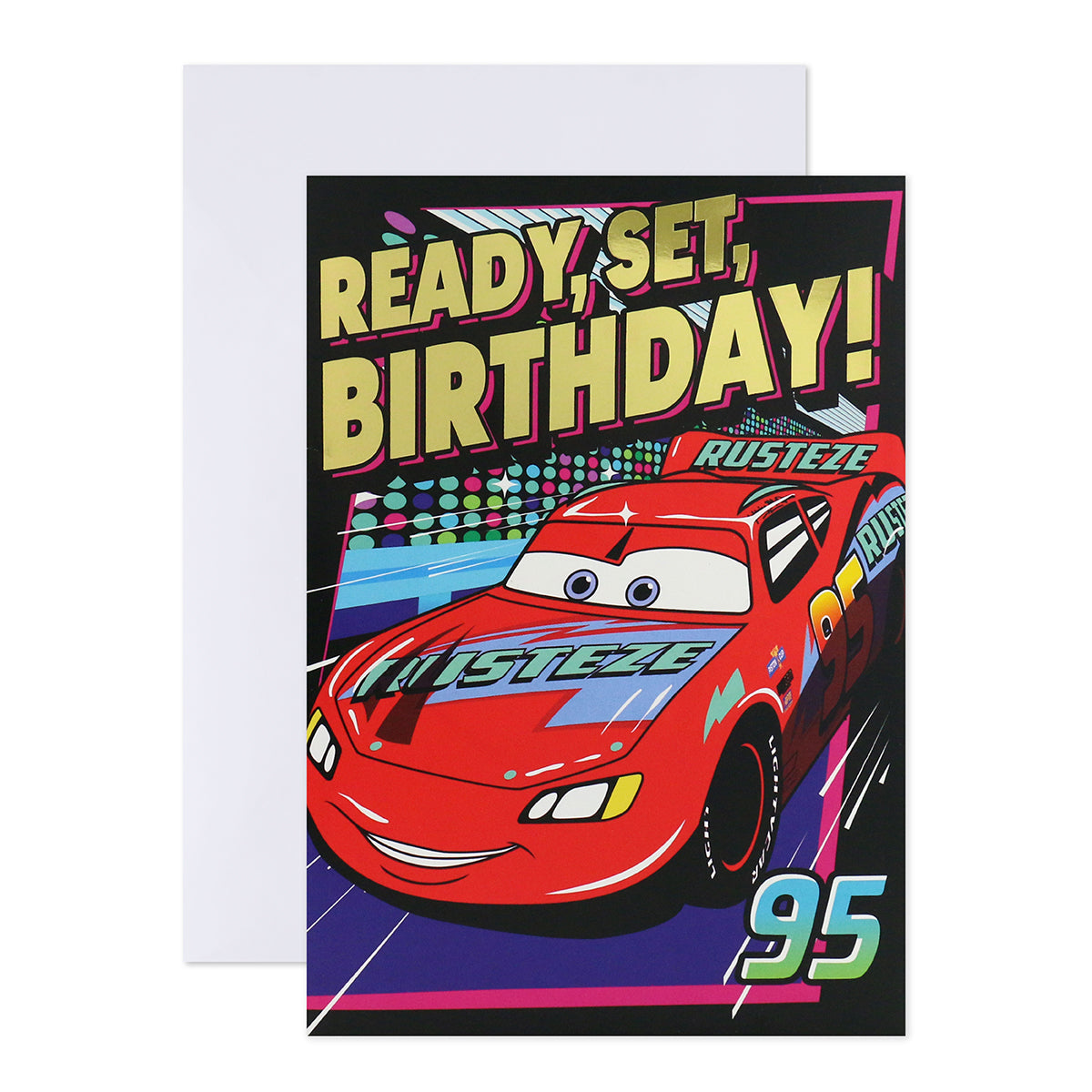 Hallmark Interactive Sound Card - Disney Pixar Cars featuring Lightning McQueen with bright graphics and birthday message, front view.
