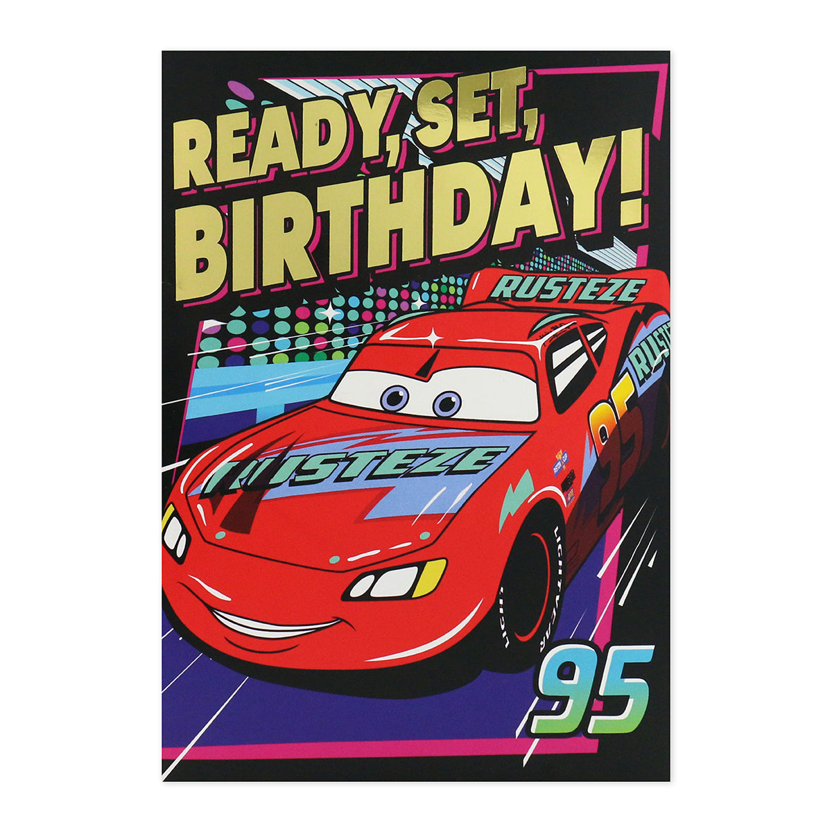 Hallmark Interactive Sound Card - Disney Pixar Cars featuring Lightning McQueen with bold birthday message in bright colours, flat lay view.