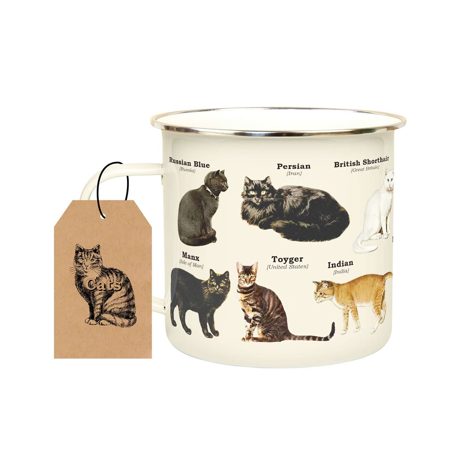 Gift Republic - Cats - Enamel Mug featuring various cat breeds illustrated around the mug, side view with tag detailing.