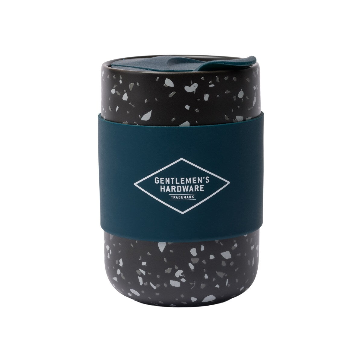 Ceramic coffee mug 400 ml / 13.5 fl oz in speckled black design with a blue silicone sleeve for grip and insulation