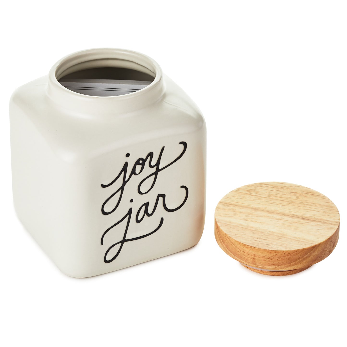 Ceramic joy jar and notepad set featuring a lidded grey jar with wooden top and handwritten 'joy jar' text, angled view.