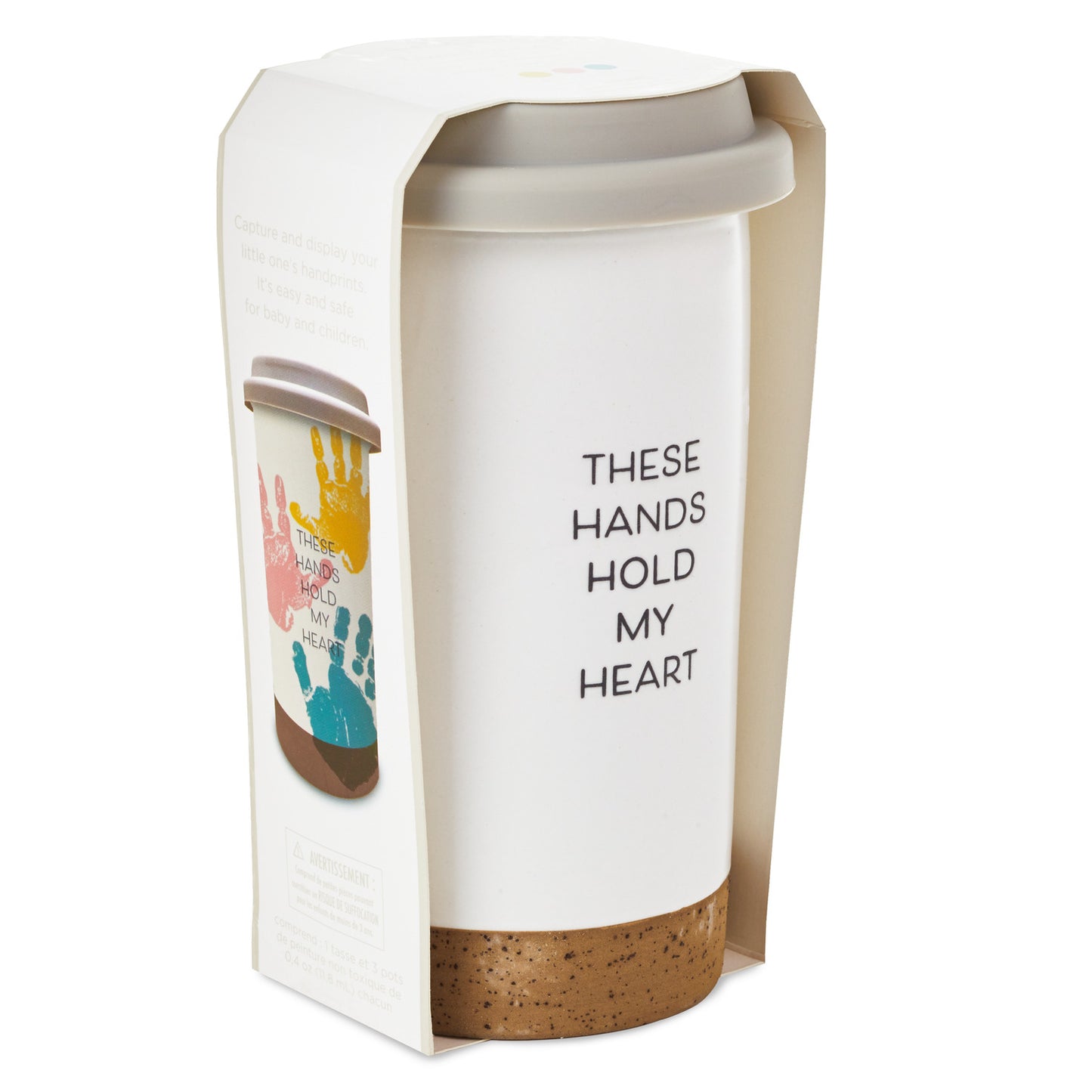 These Hands Hold My Heart Ceramic Travel Mug, 12.5 oz. in gift packaging with colourful handprints and silicone lid.
