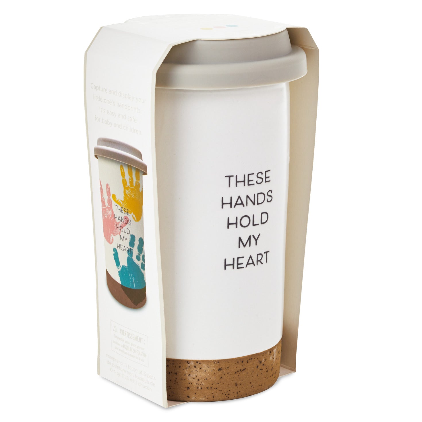 These Hands Hold My Heart Ceramic Travel Mug, 12.5 oz. in gift packaging with colourful handprints and silicone lid.