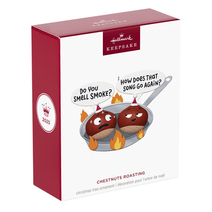 Chestnuts Roasting — 2025 Hallmark Keepsake Christmas Ornament in packaging featuring humorous chestnuts on a flaming skillet.