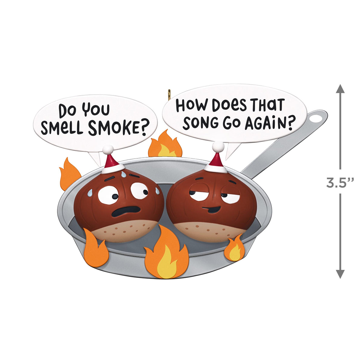 Chestnuts roasting — 2025 Hallmark Keepsake Christmas Ornament, humorous design featuring two animated chestnuts in a flaming skillet.