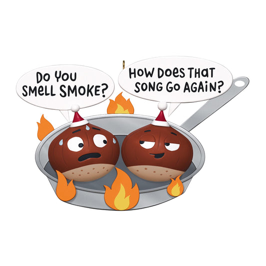 Chestnuts Roasting — 2025 Hallmark Keepsake Christmas Ornament, humorous design of chestnuts in a pan with speech bubbles, colourful detailing.