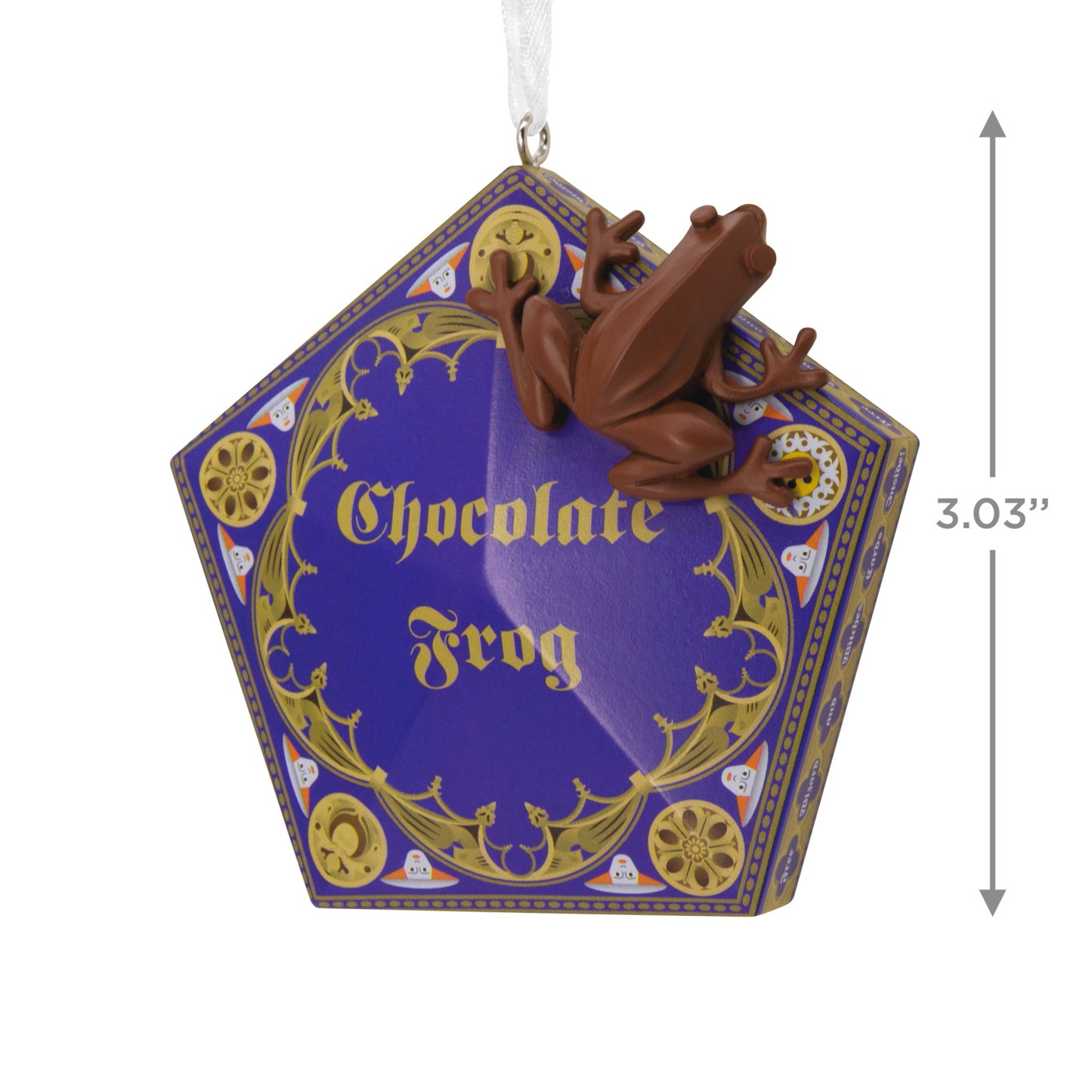 Hallmark Christmas Ornament - Harry Potter Chocolate Frog in a pentagon shape featuring a 3D chocolate frog figurine on a purple box with gold accents.
