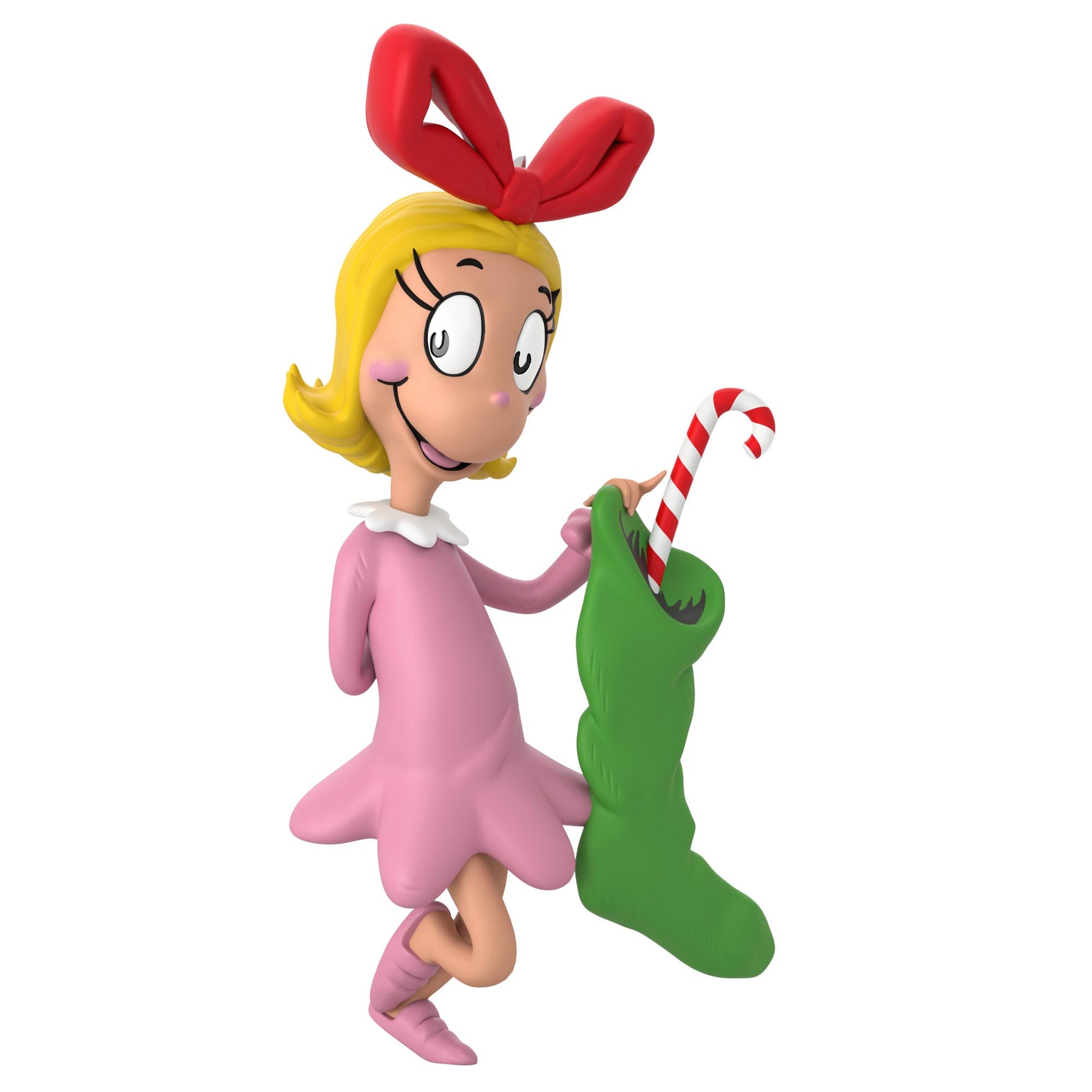 Dr. Seuss's How the Grinch Stole Christmas!™, Cindy-Lou Who ornament holding a green stocking with candy cane, detailed design.
